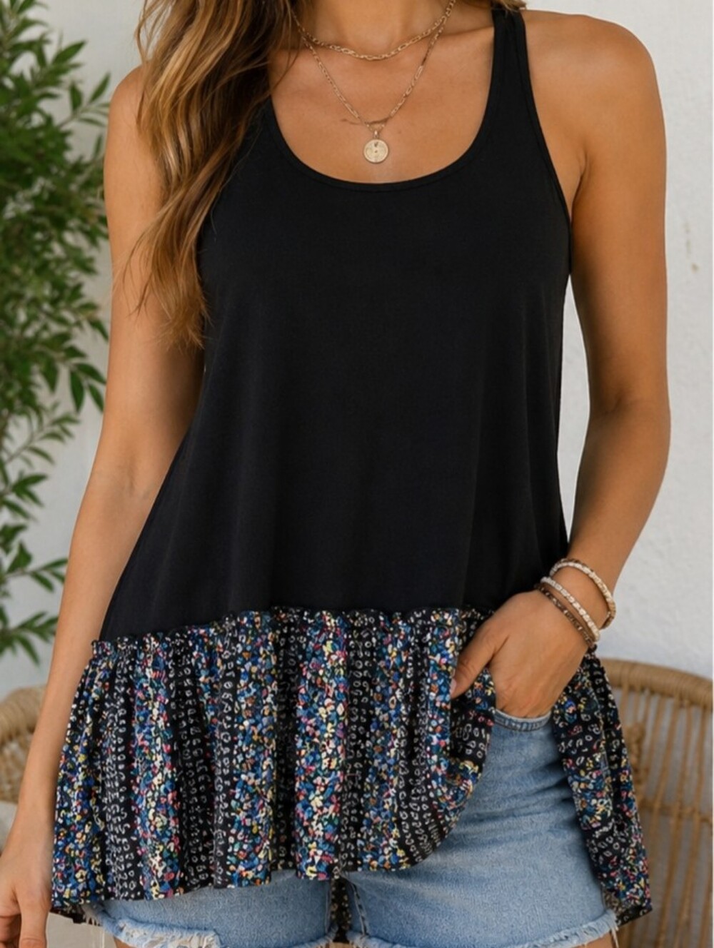 Umgee USA Black Racerback Tank Top Floral Ruffle Hem Boho Babydoll Tunic Size Sm